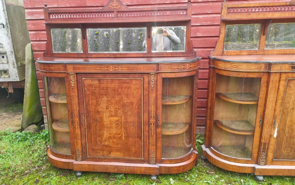 Pair of Victorian inlaid walnut credenza side cabinets with removable backs. View XV