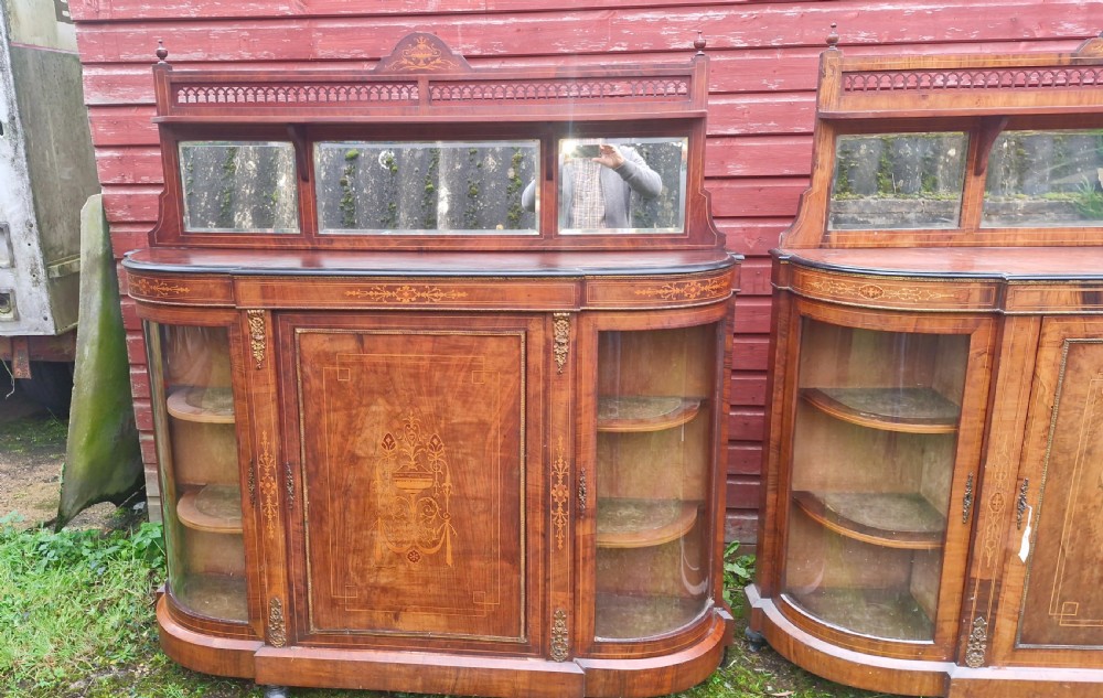 Pair of Victorian inlaid walnut credenza side cabinets with removable backs. View XVI