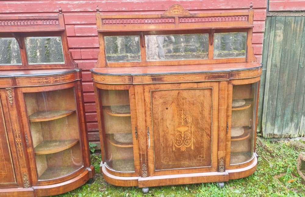 Pair of Victorian inlaid walnut credenza side cabinets with removable backs. View XVII