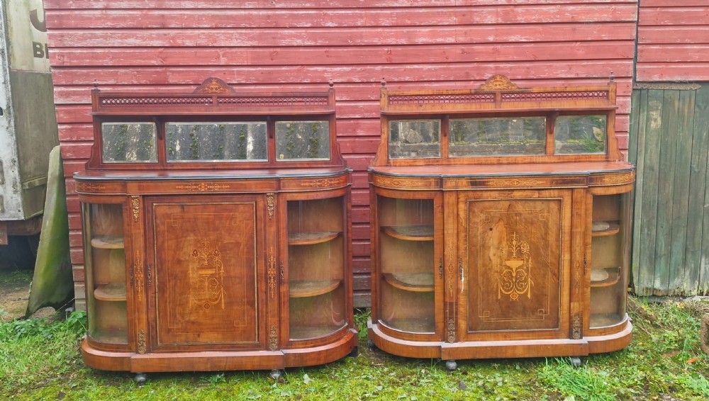 Pair of Victorian inlaid walnut credenza side cabinets with removable backs. View XX
