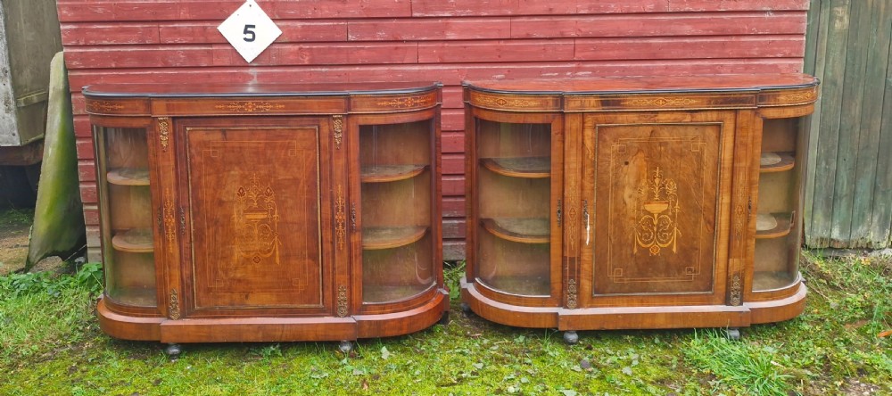 Pair of Victorian inlaid walnut credenza side cabinets with removable backs. View XXIV