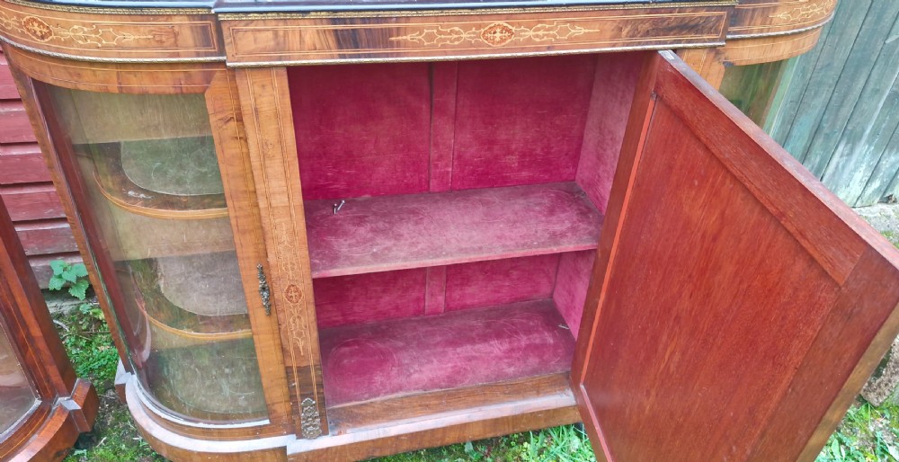 Pair of Victorian inlaid walnut credenza side cabinets with removable backs. View XXVI