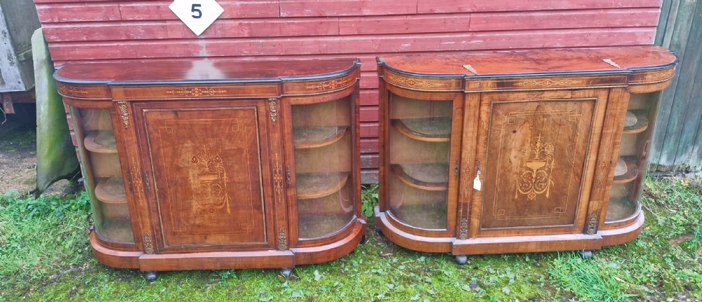Pair of Victorian inlaid walnut credenza side cabinets with removable backs. View XXIX