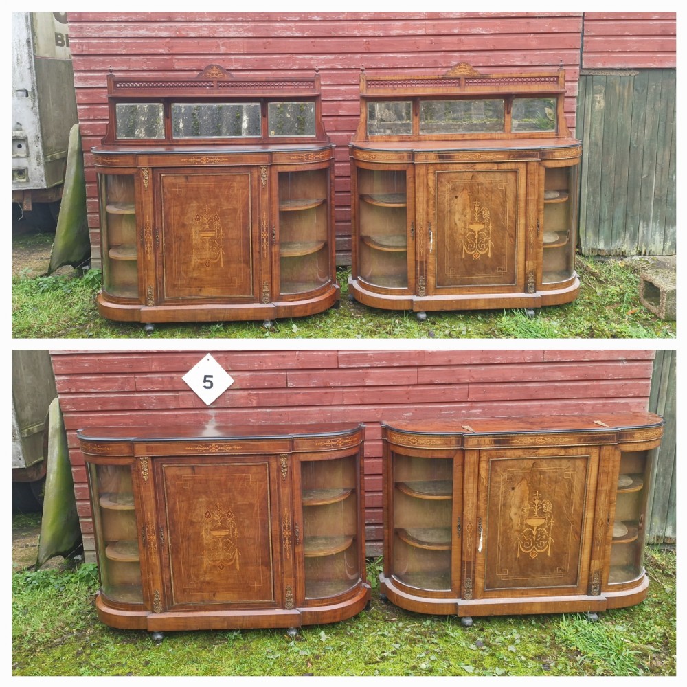 Pair of Victorian inlaid walnut credenza side cabinets with removable backs.