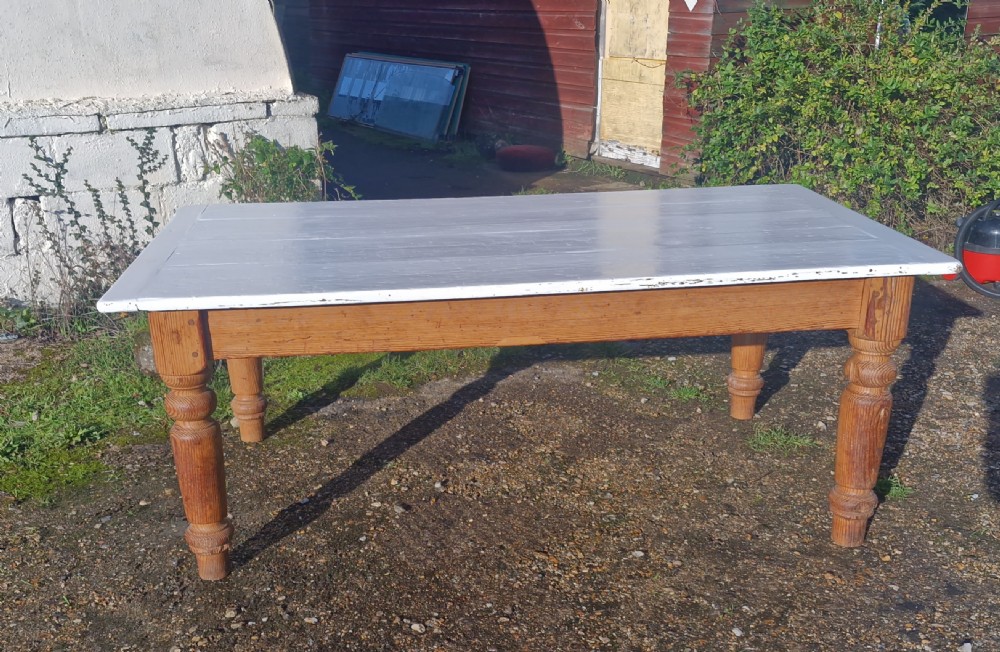 Solid pitch pine farmhouse kitchen dining table with painted top.