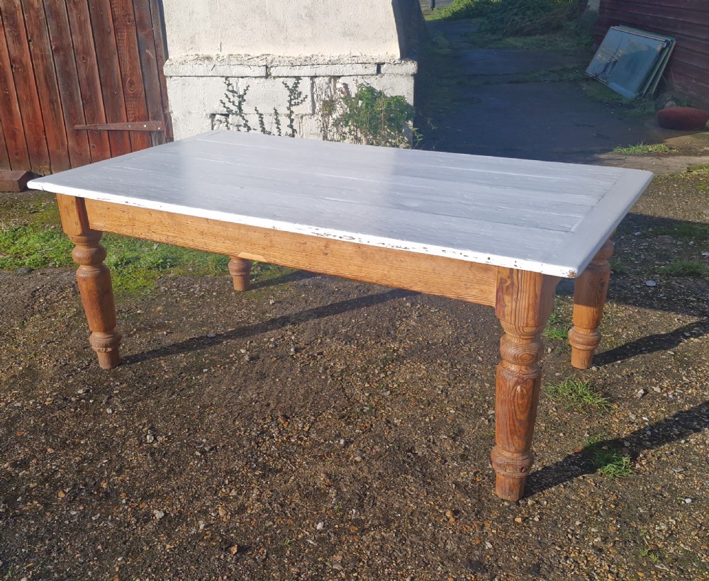 Solid pitch pine farmhouse kitchen dining table with painted top. View IV