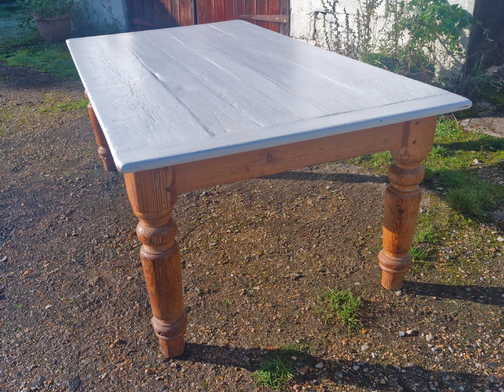 Solid pitch pine farmhouse kitchen dining table with painted top. View V