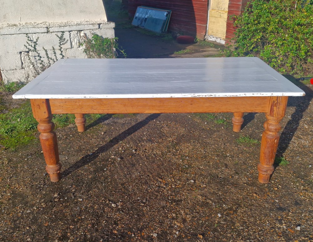 Solid pitch pine farmhouse kitchen dining table with painted top. View VI