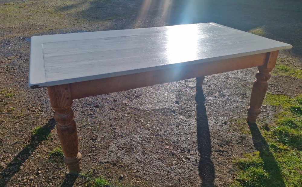 Solid pitch pine farmhouse kitchen dining table with painted top. View VII