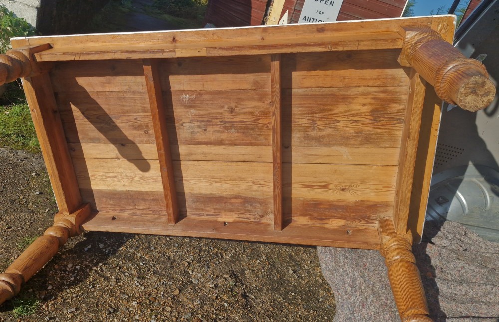 Solid pitch pine farmhouse kitchen dining table with painted top. View X