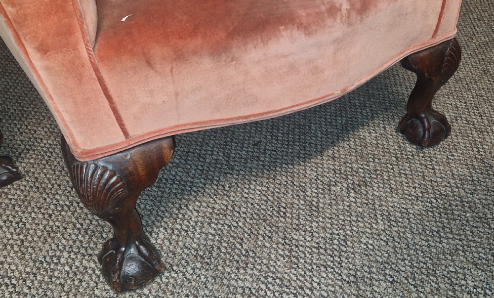 Late Victorian mahogany upholstered wing back armchair.  View III