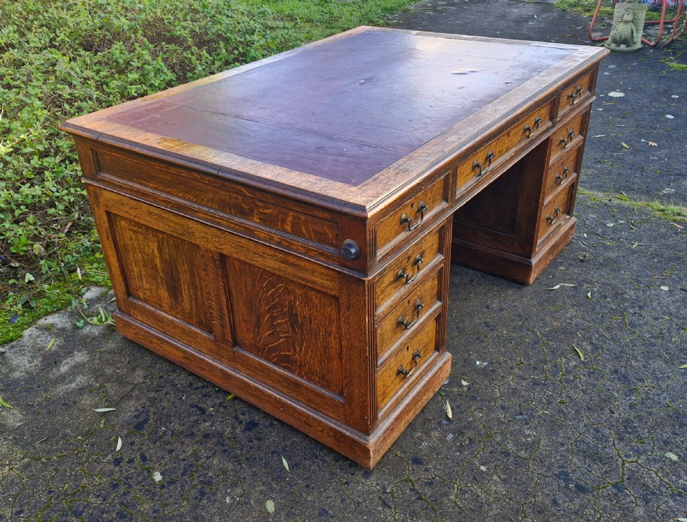 Solid Oak Edwardian pedestal partners desk. View III