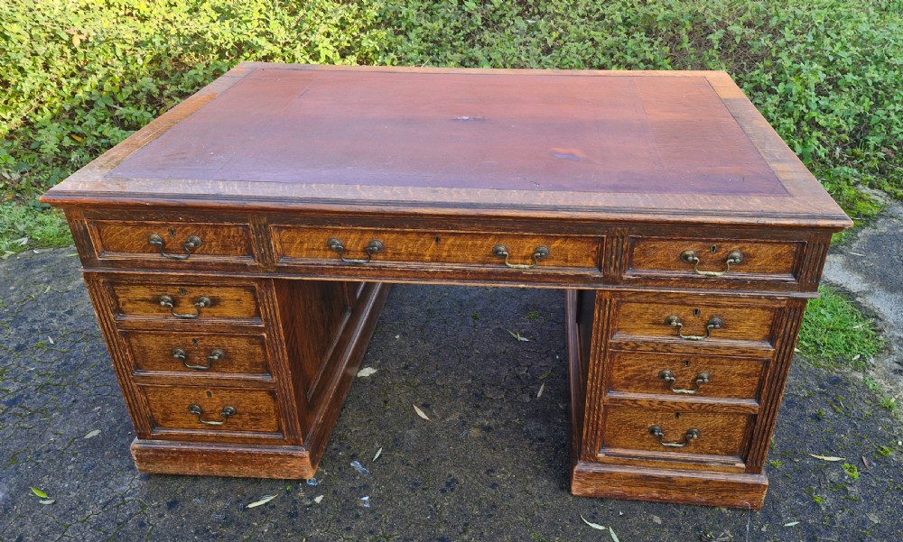 Solid Oak Edwardian pedestal partners desk. View IV