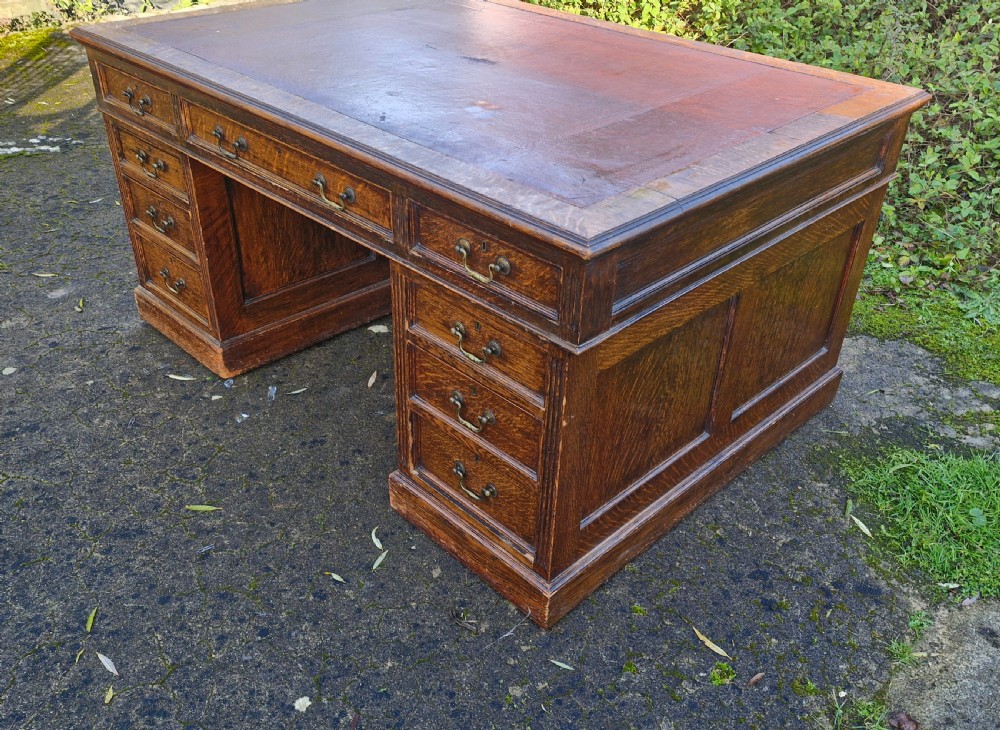 Solid Oak Edwardian pedestal partners desk. View VI