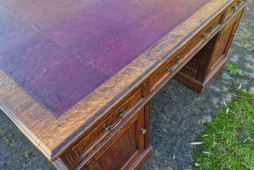 Solid Oak Edwardian pedestal partners desk. View VIII