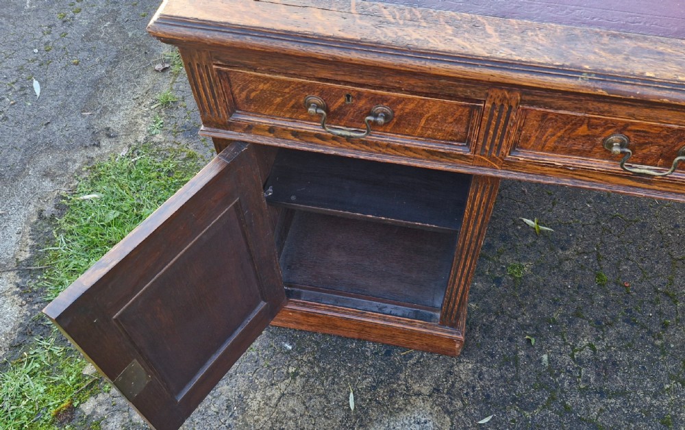 Solid Oak Edwardian pedestal partners desk. View XIII