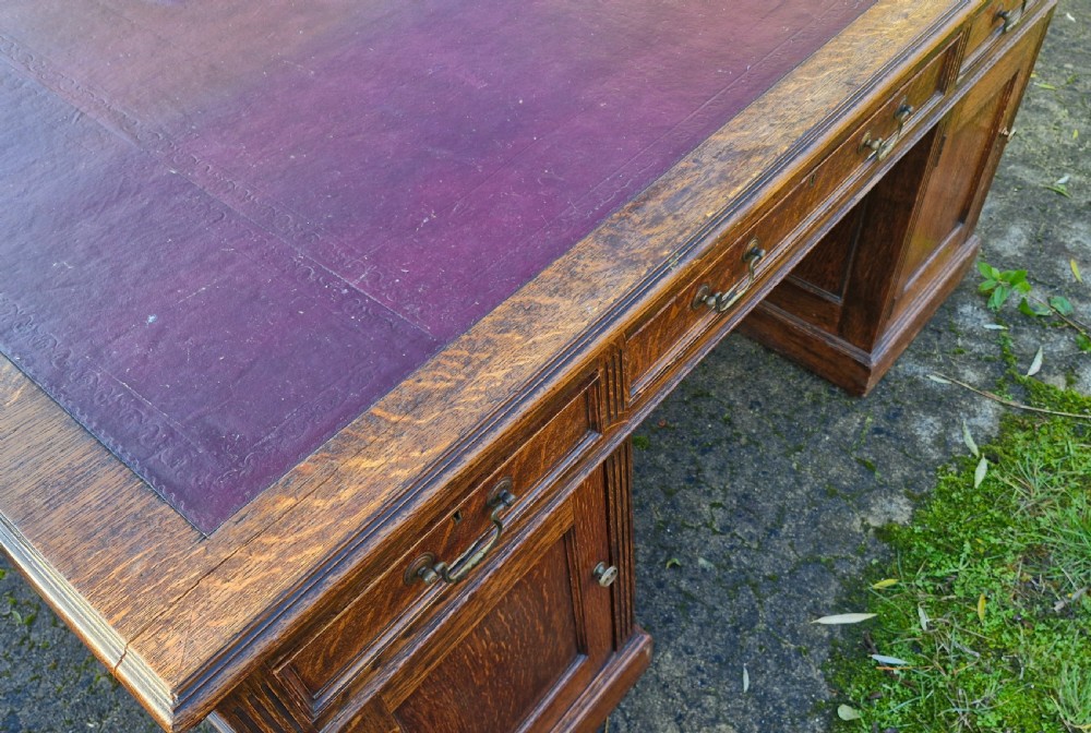 Solid Oak Edwardian pedestal partners desk. View XVI