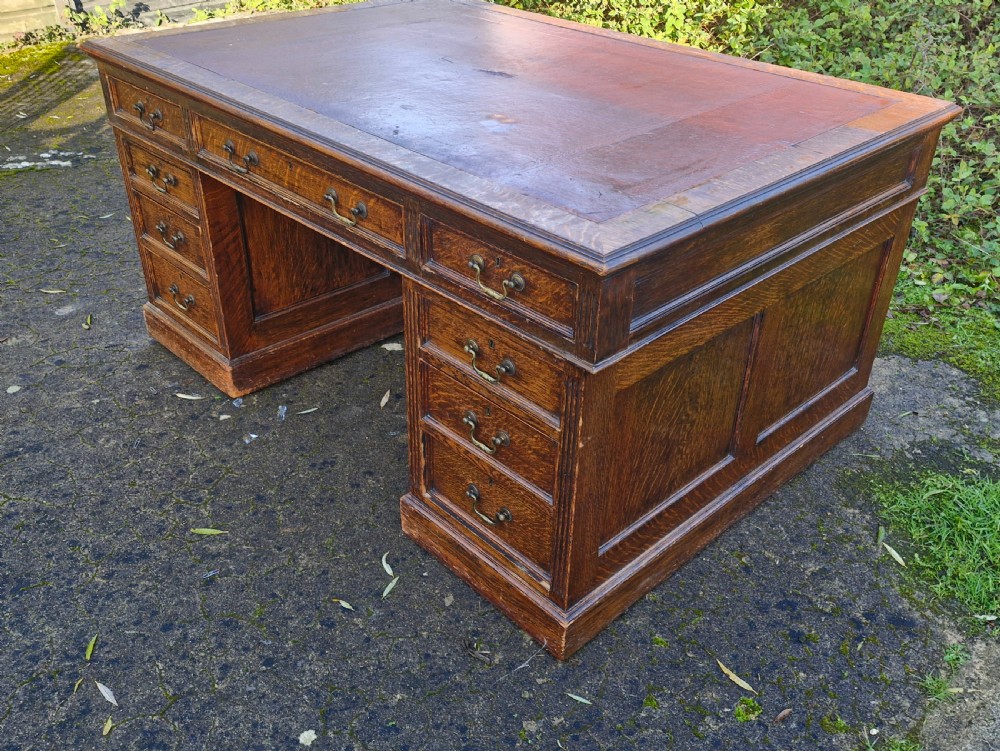 Solid Oak Edwardian pedestal partners desk. View XVII