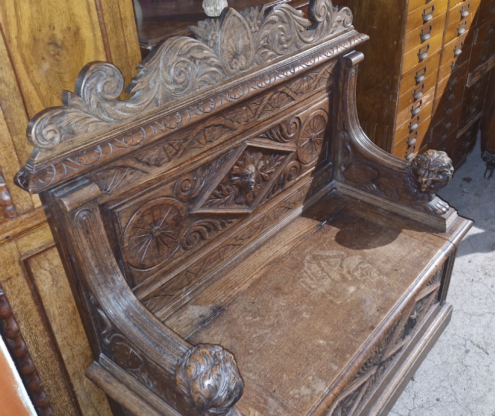 Victorian carved oak hall seat. View IV