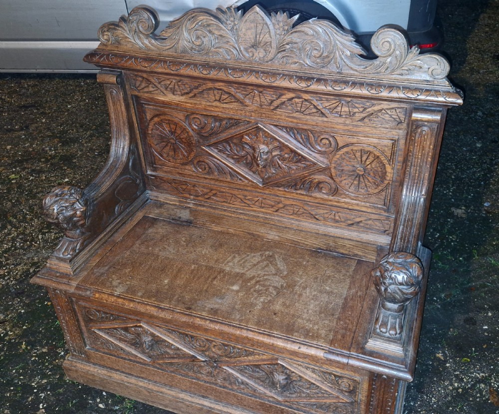 Victorian carved oak hall seat. View VII
