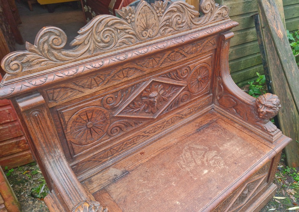 Victorian carved oak hall seat. View IX