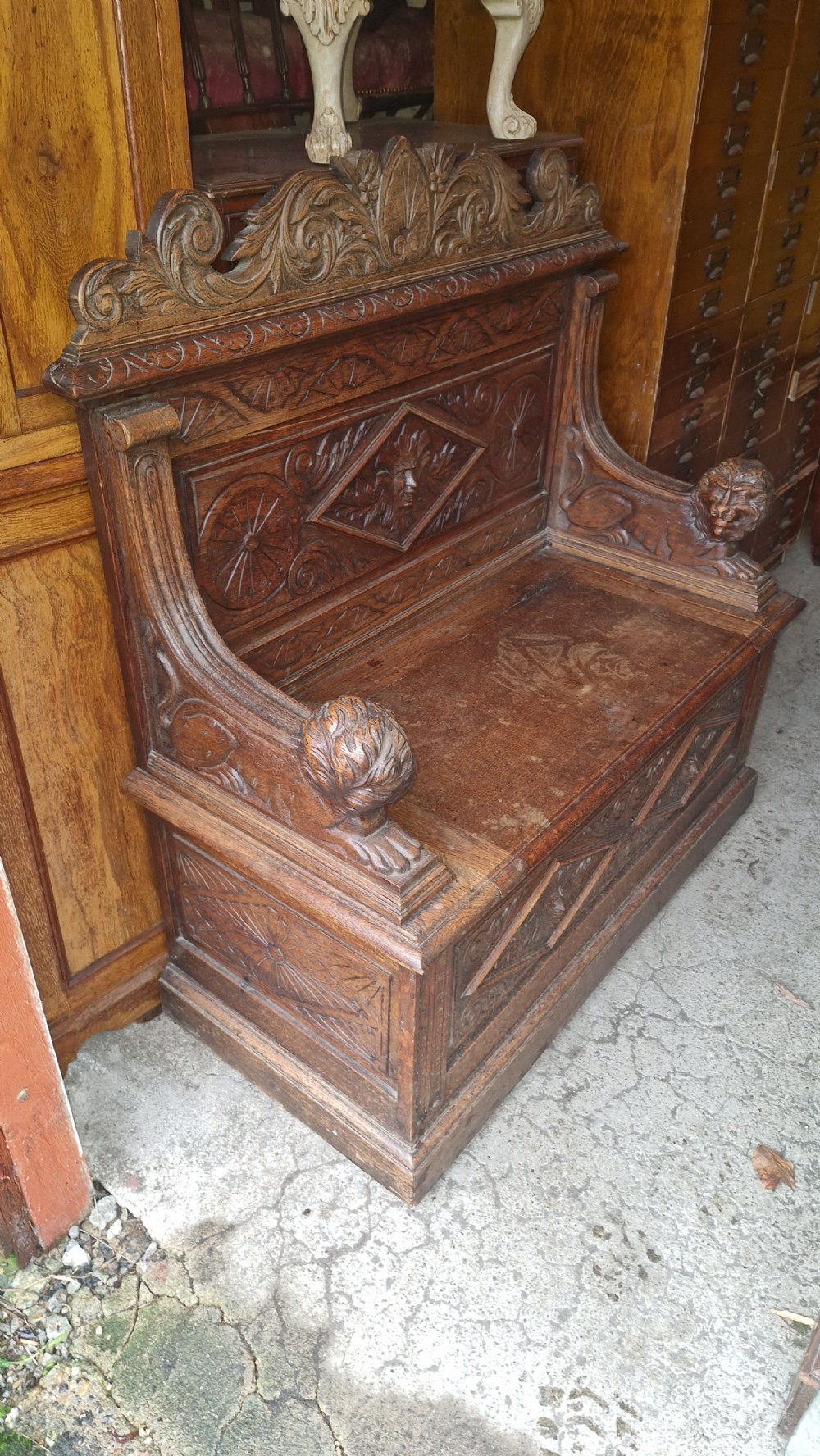 Victorian carved oak hall seat. View XIV