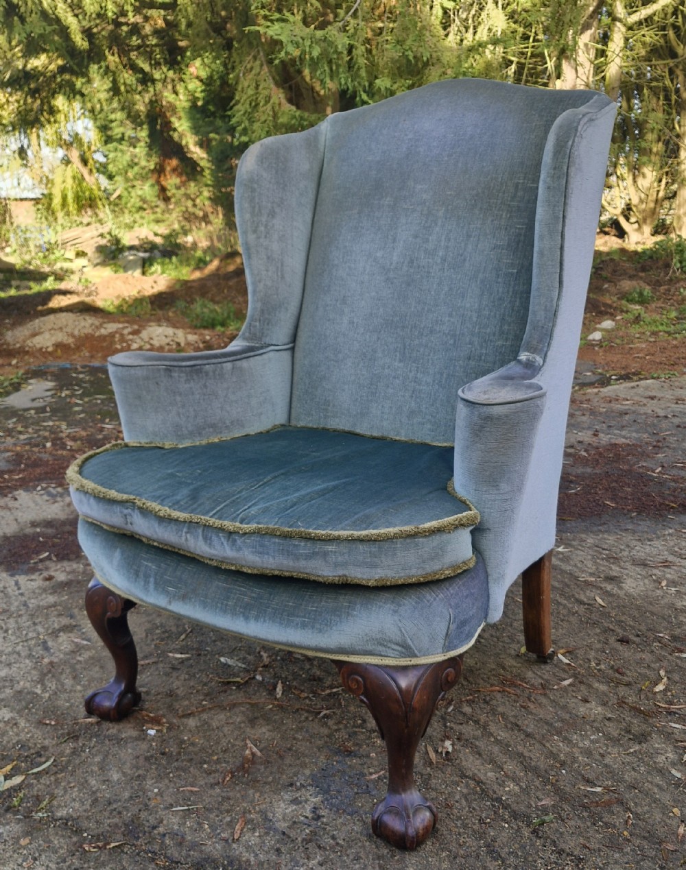 Edwardian mahogany wing back upholstered armchair. 