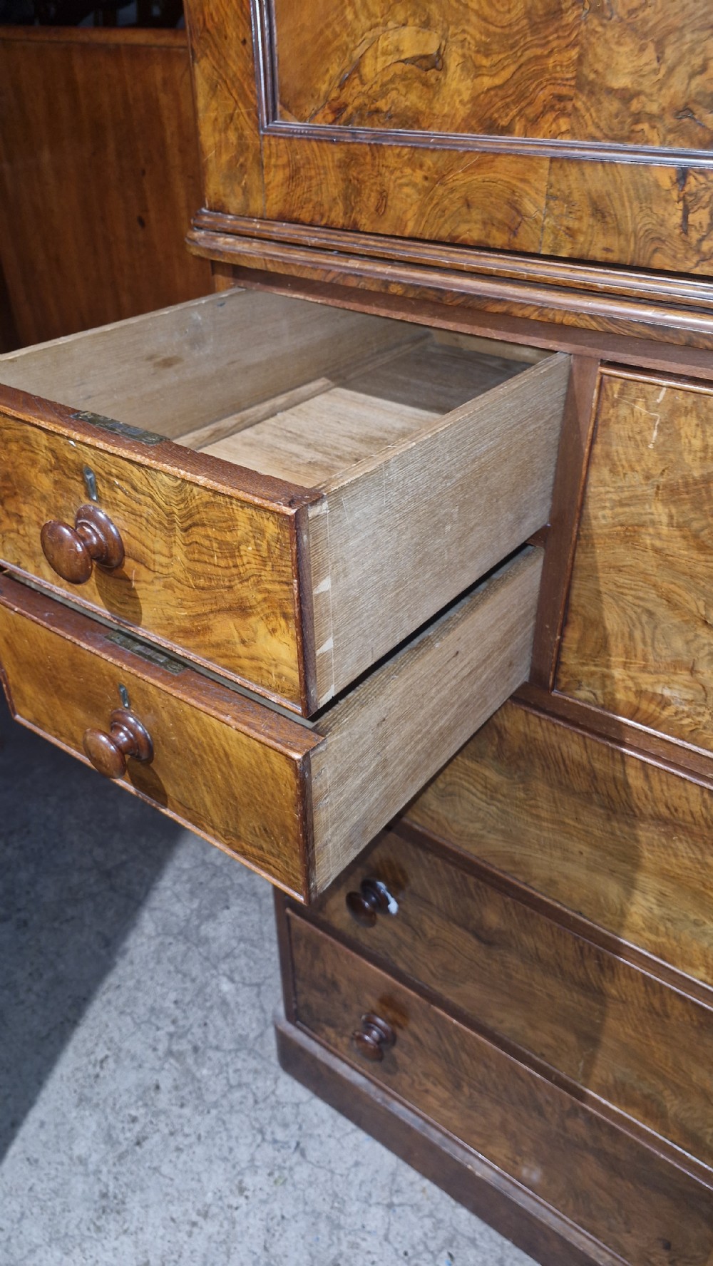 Victorian burr walnut 2 part housekeepers cupboard.  View III