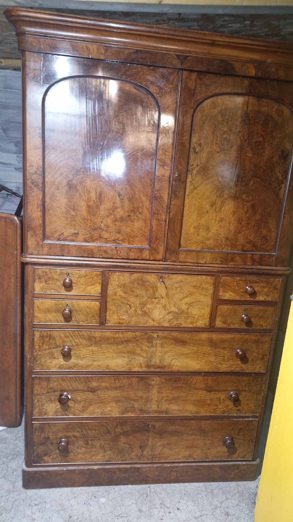 Victorian burr walnut 2 part housekeepers cupboard.  View IV