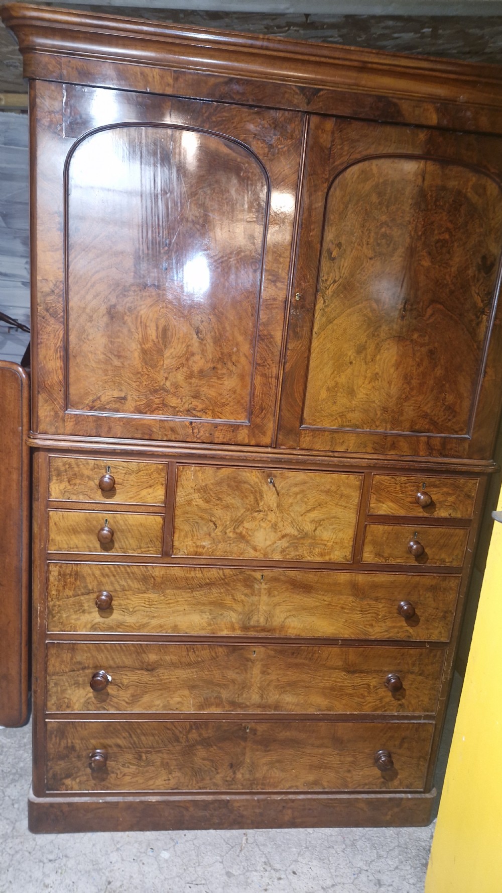 Victorian burr walnut 2 part housekeepers cupboard.  View V