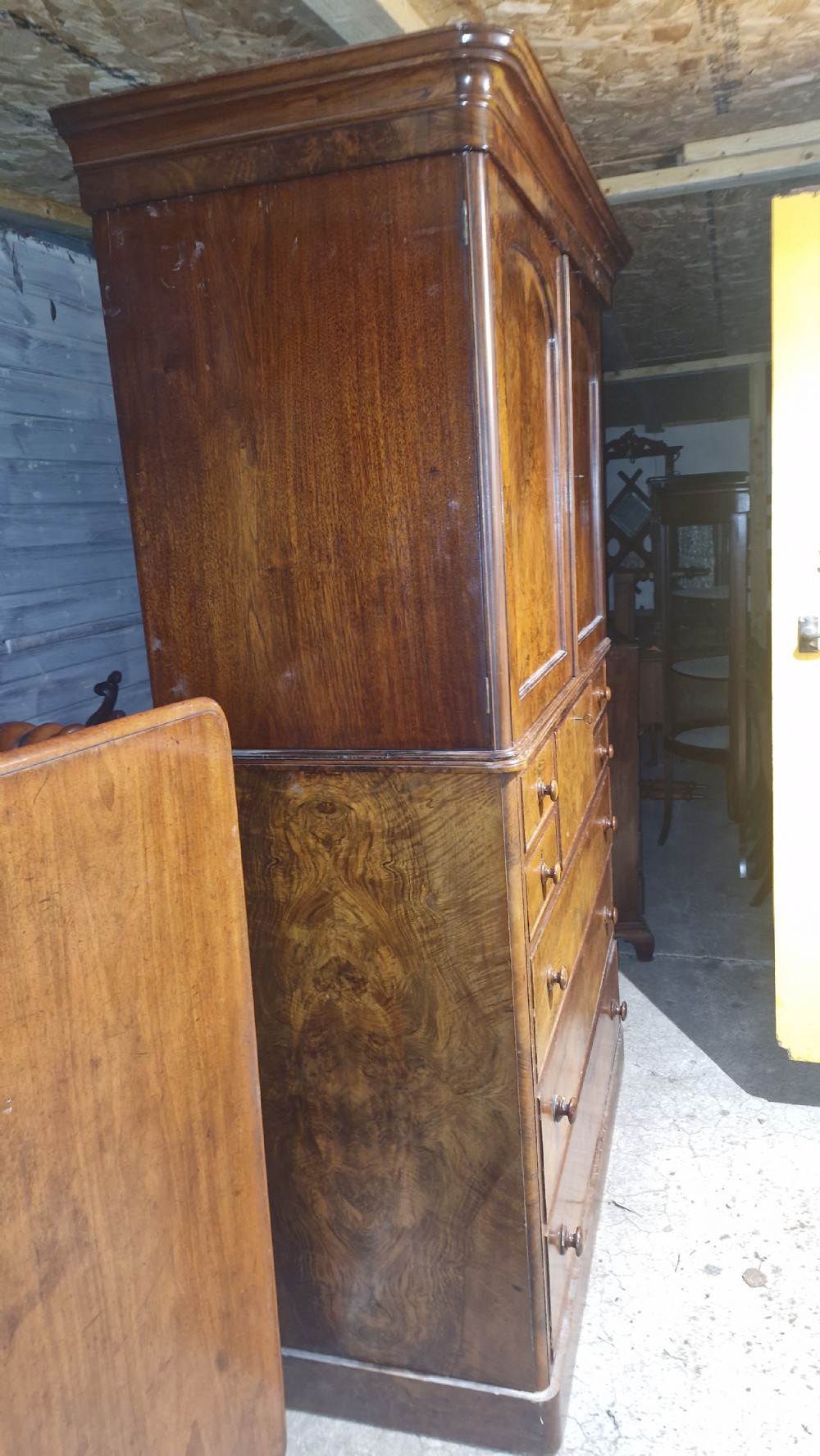 Victorian burr walnut 2 part housekeepers cupboard.  View VI