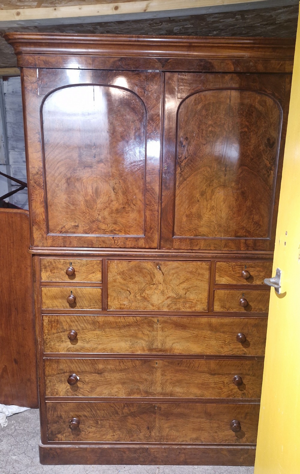 Victorian burr walnut 2 part housekeepers cupboard. 