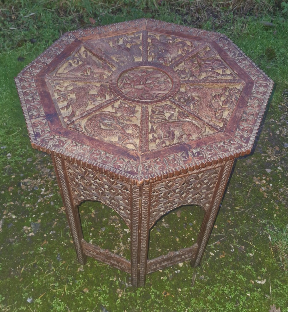 Anglo Indian folding carved teak occasional table