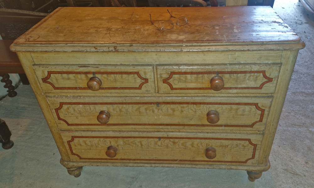 Victorian decorated pine chest of drawers .