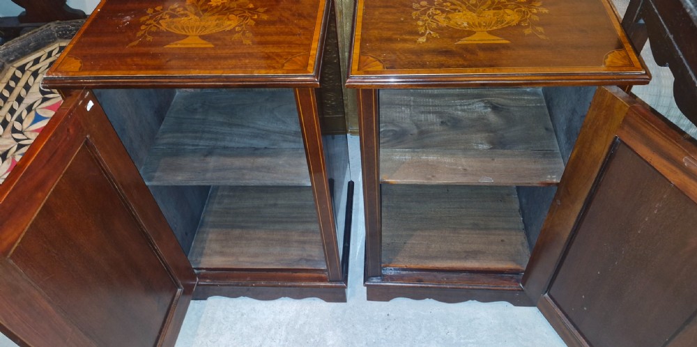Pair of Edwardian inlaid mahogany bedside cabinets. View V