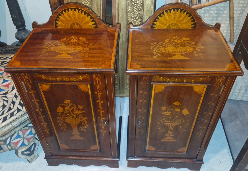 Pair of Edwardian inlaid mahogany bedside cabinets. View VI
