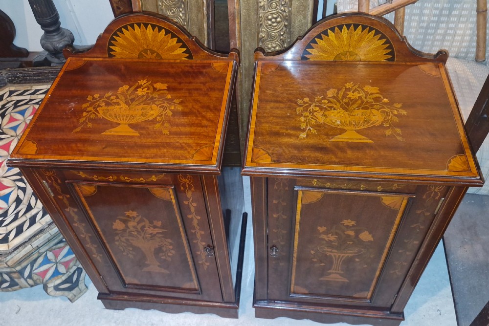 Pair of Edwardian inlaid mahogany bedside cabinets. View VIII
