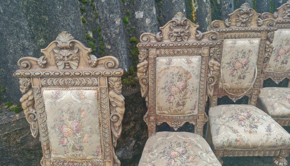 Set of 6 carved hall chairs.  View II