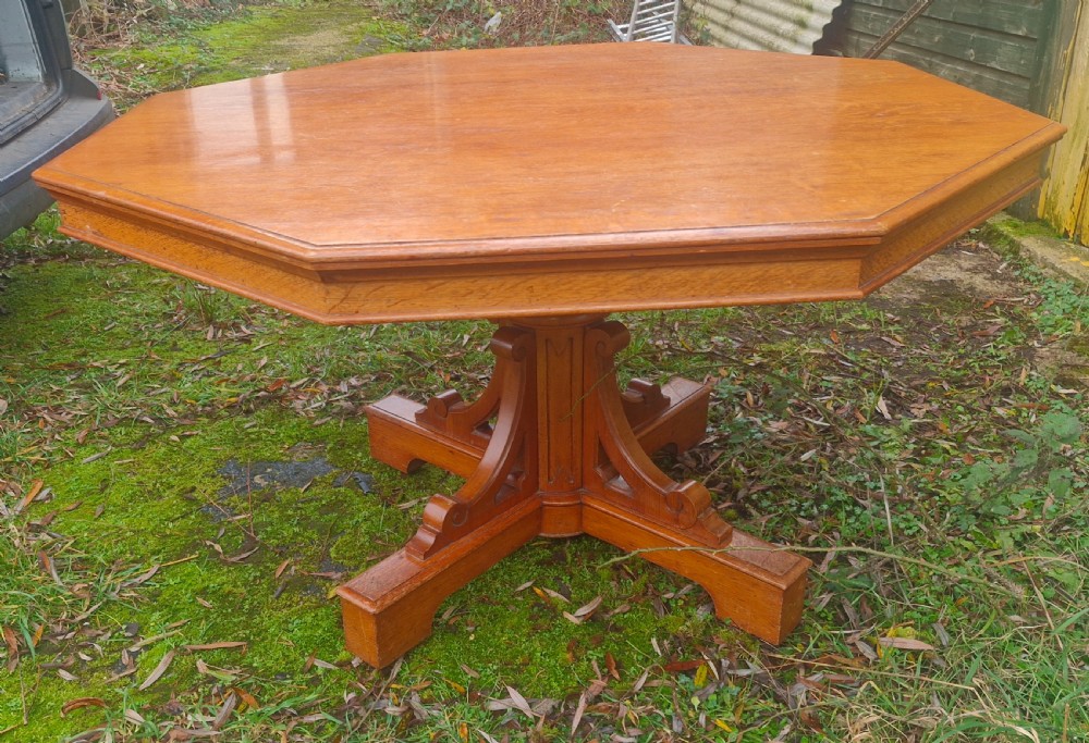 Large Victorian Gothic light oak centre table.  View XIII