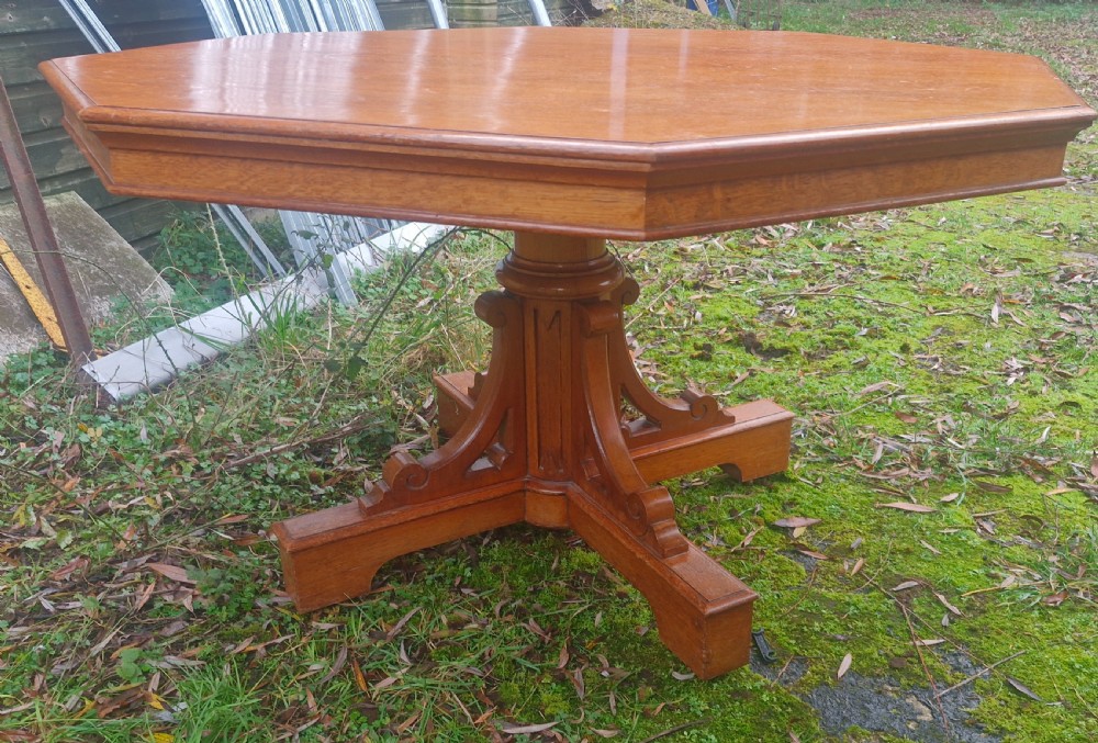 Large Victorian Gothic light oak centre table.  View XIV