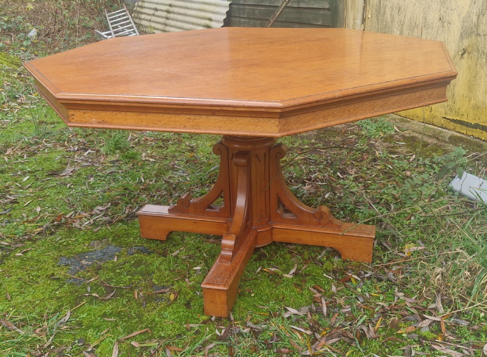 Large Victorian Gothic light oak centre table.  View XV