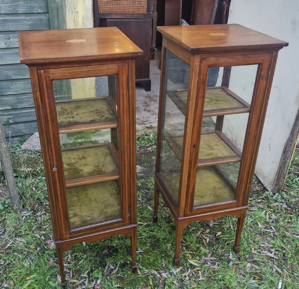 Pair of Edwardian pedestal bijouterie display cabinets.