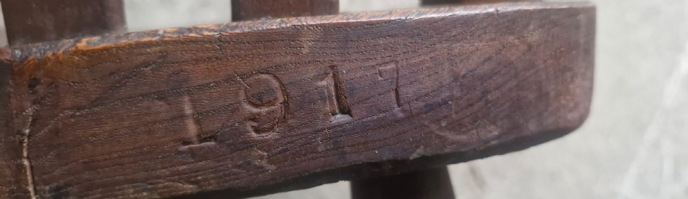 Unusual set of 4 Windsor chairs all with different maker's stamps. View VII