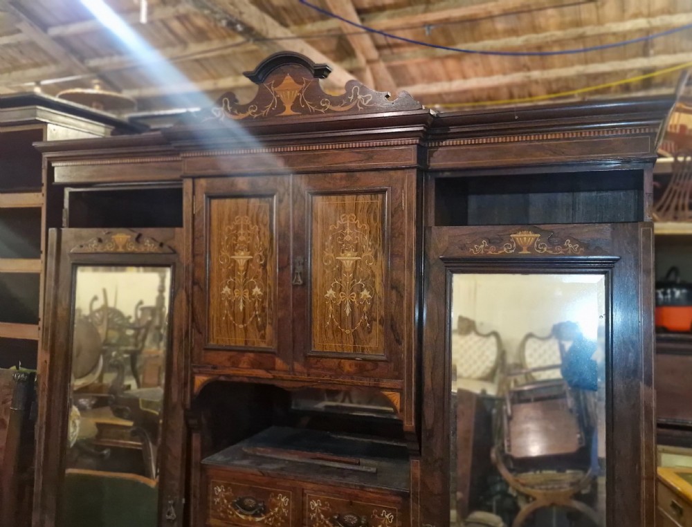 Late Victorian inlaid rosewood triple wardrobe.  View IX