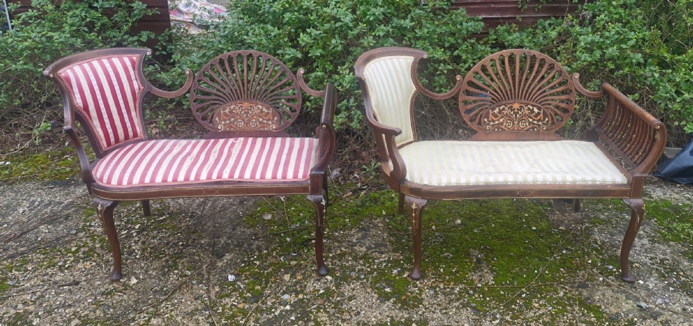 Matched pair of bone inlaid mahogany window seats. View II