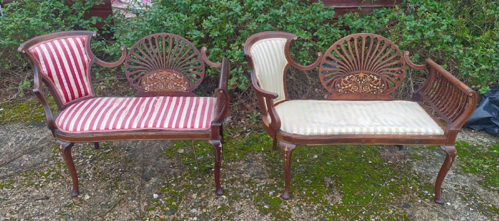 Matched pair of bone inlaid mahogany window seats. View III