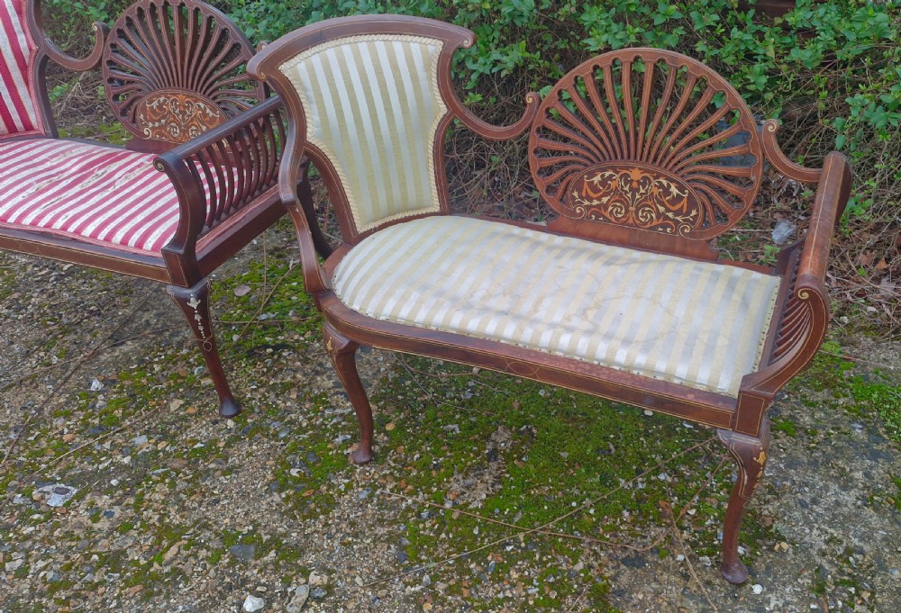 Matched pair of bone inlaid mahogany window seats. View IV