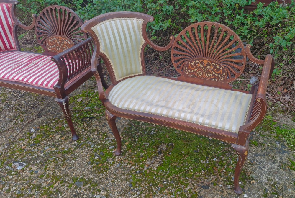 Matched pair of bone inlaid mahogany window seats. View V