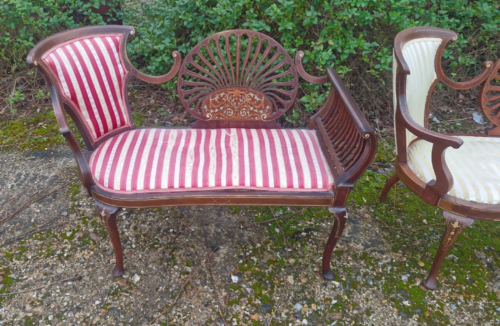 Matched pair of bone inlaid mahogany window seats. View VI