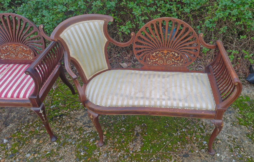 Matched pair of bone inlaid mahogany window seats. View VIII
